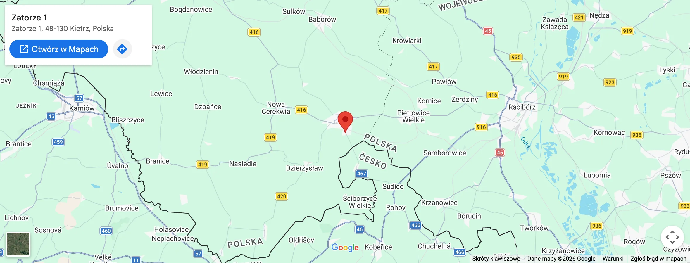 Mapa okolic Kietrza z zaznaczonym adresem Zatorze 1