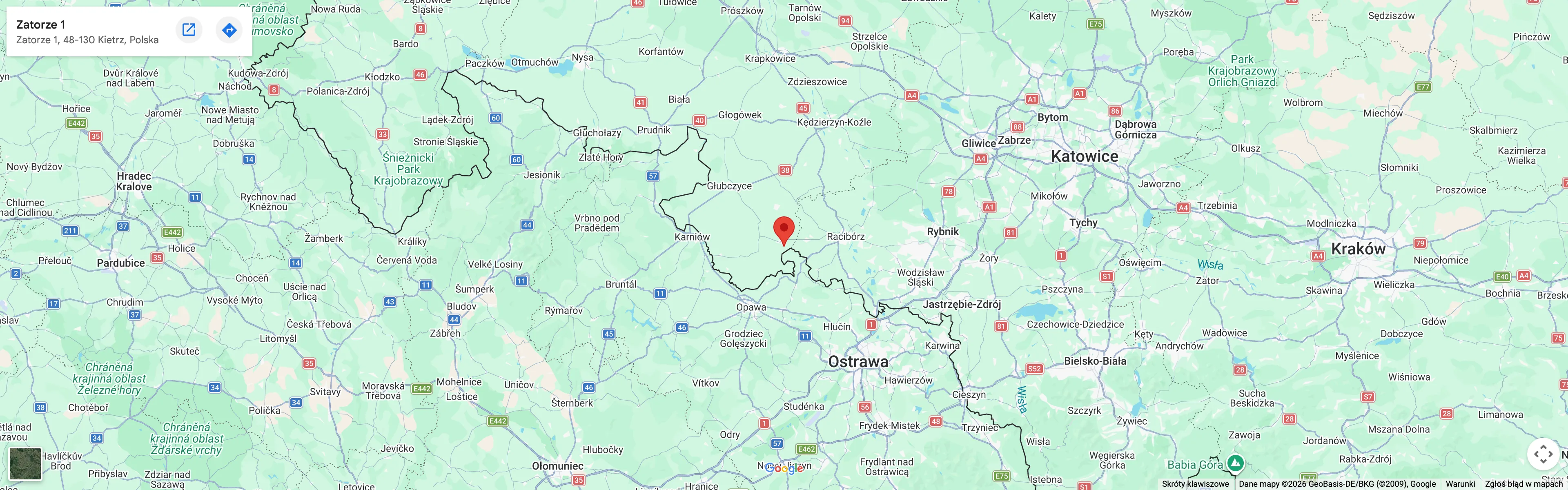 Mapa Google okolic Kietrza: od Prudnika i Kędzierzyna-Koźla po Racibórz, Rybnik i Jastrzębie-Zdrój